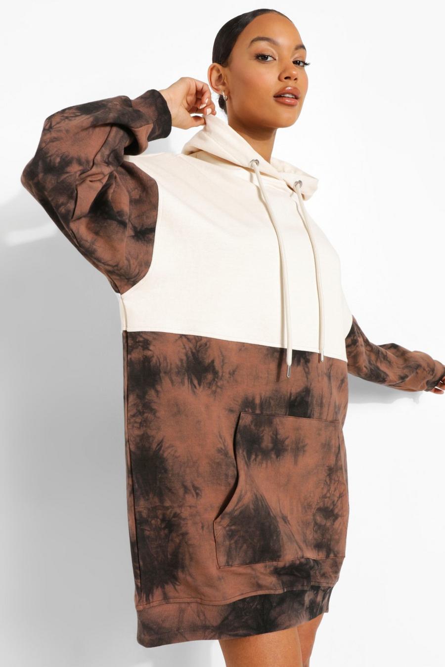 Brown Batikmönstrad hoodieklänning med blockfärger image number 1