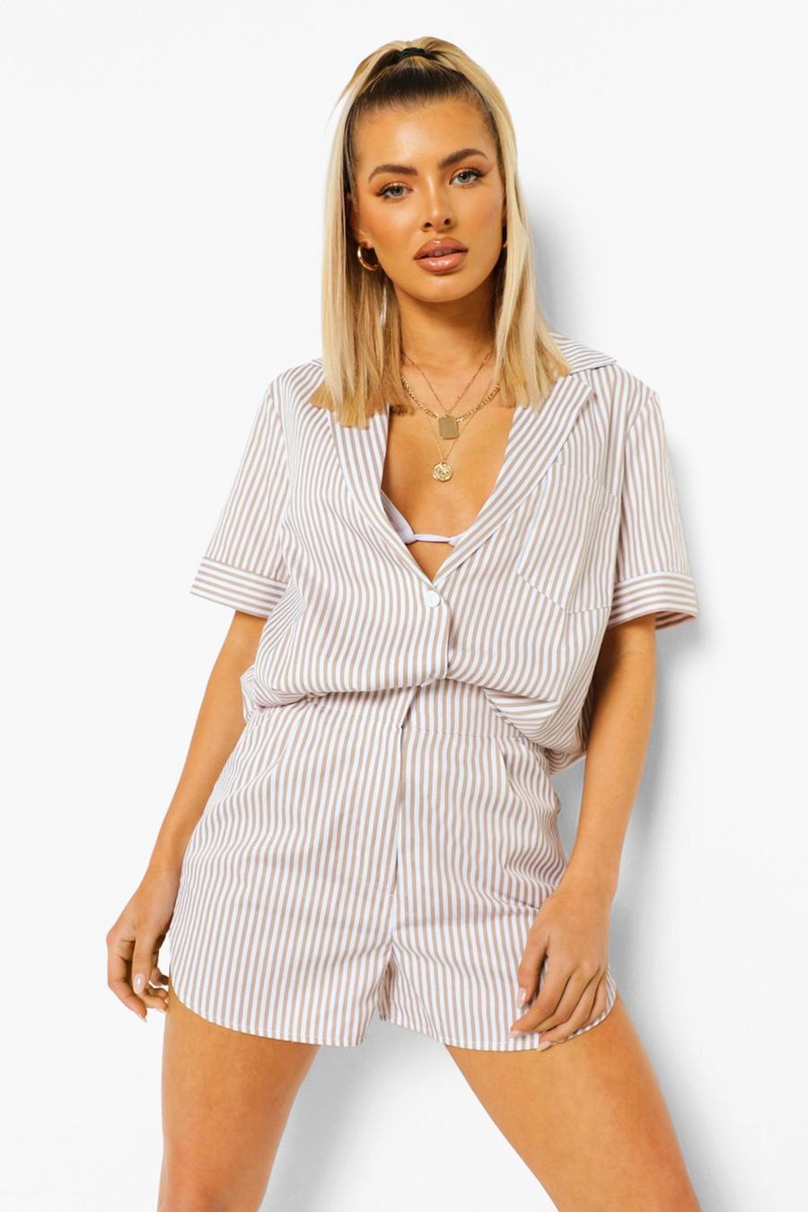 Taupe Tonal Stripe Relaxed Fit Shirt image number 1