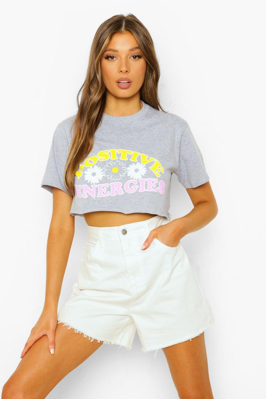 Grey marl Cropped Positive Energies T Shirt image number 1