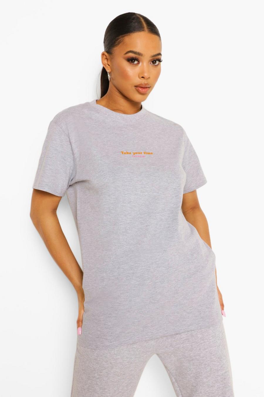 Grey marl Take Your Time Printed Oversized T Shirt image number 1