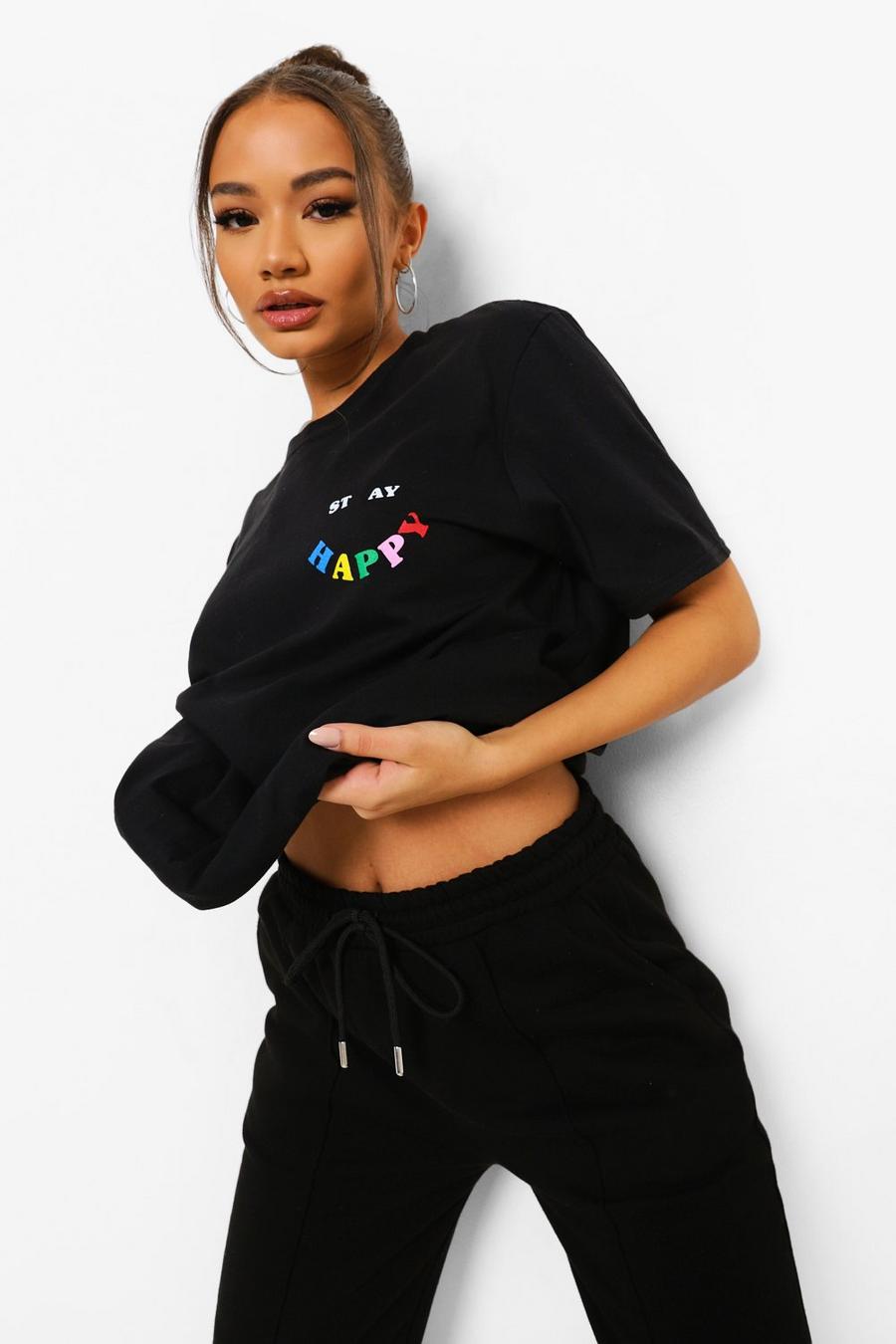 Black "Stay Happy" Oversize t-shirt med tryck image number 1