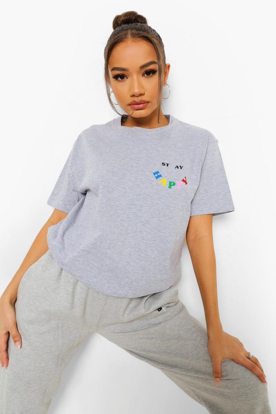 Grey marl Oversized Stay Happy T-Shirt image number 1