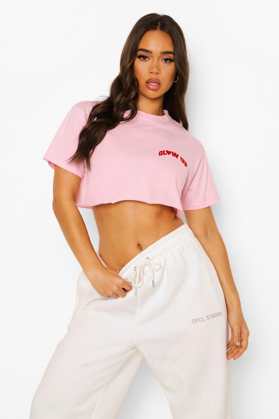 Baby pink Glow Up Embroidered Cropped T Shirt image number 1