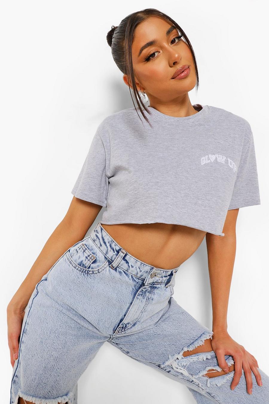 Grey marl Glow Up Embroidered Cropped T Shirt image number 1
