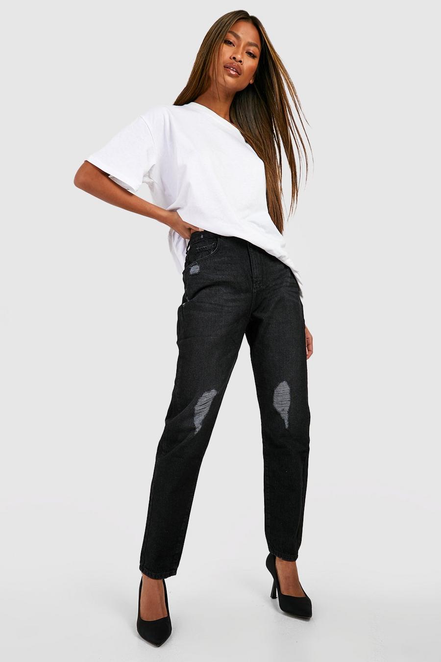 Black Högmidjade mom jeans med slitna knän image number 1