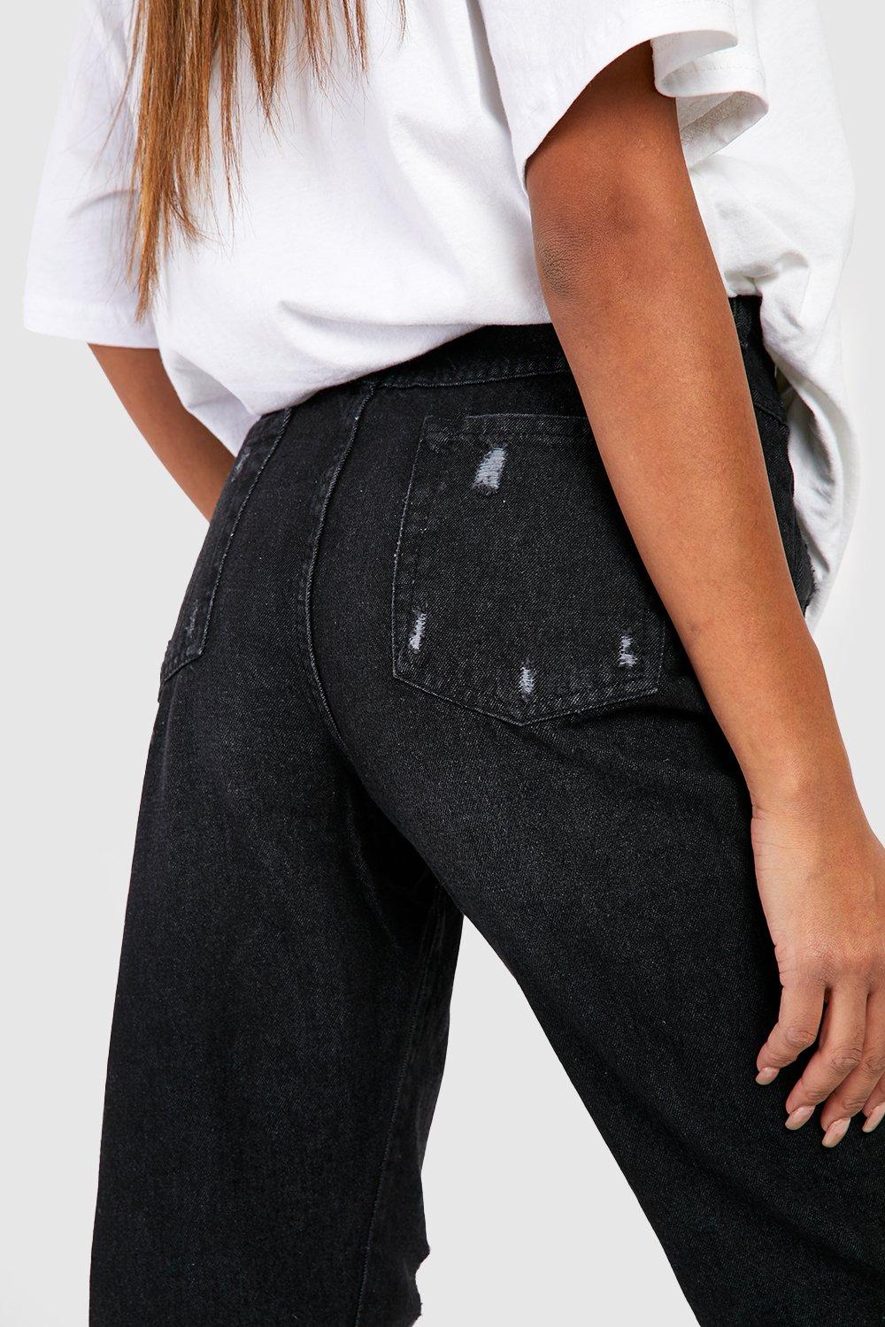 Basic High Waisted Slashed Knee Mom Jeans