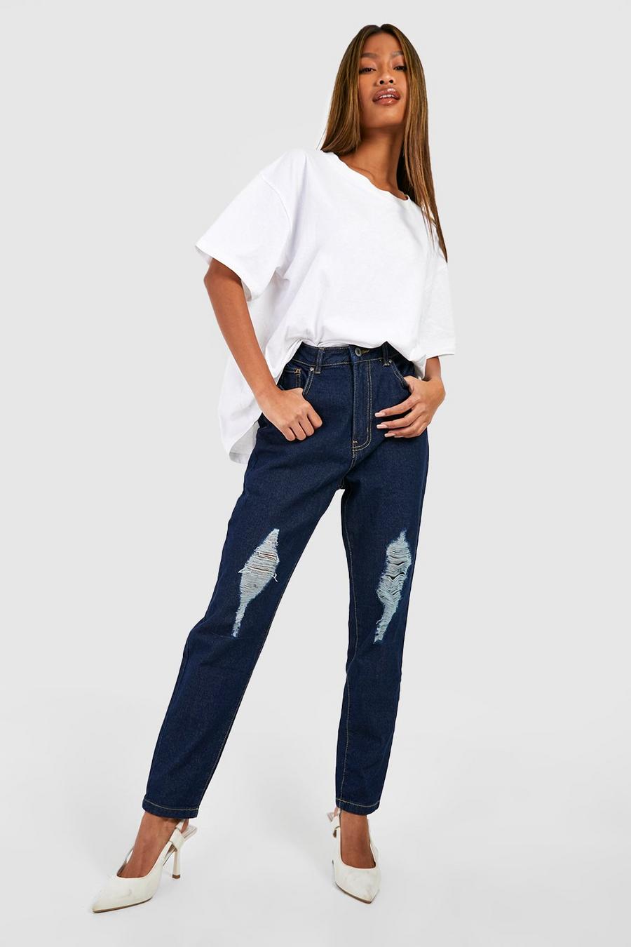 Mom-Jeans mit hohem Bund und Riss am Knie, Indigo image number 1