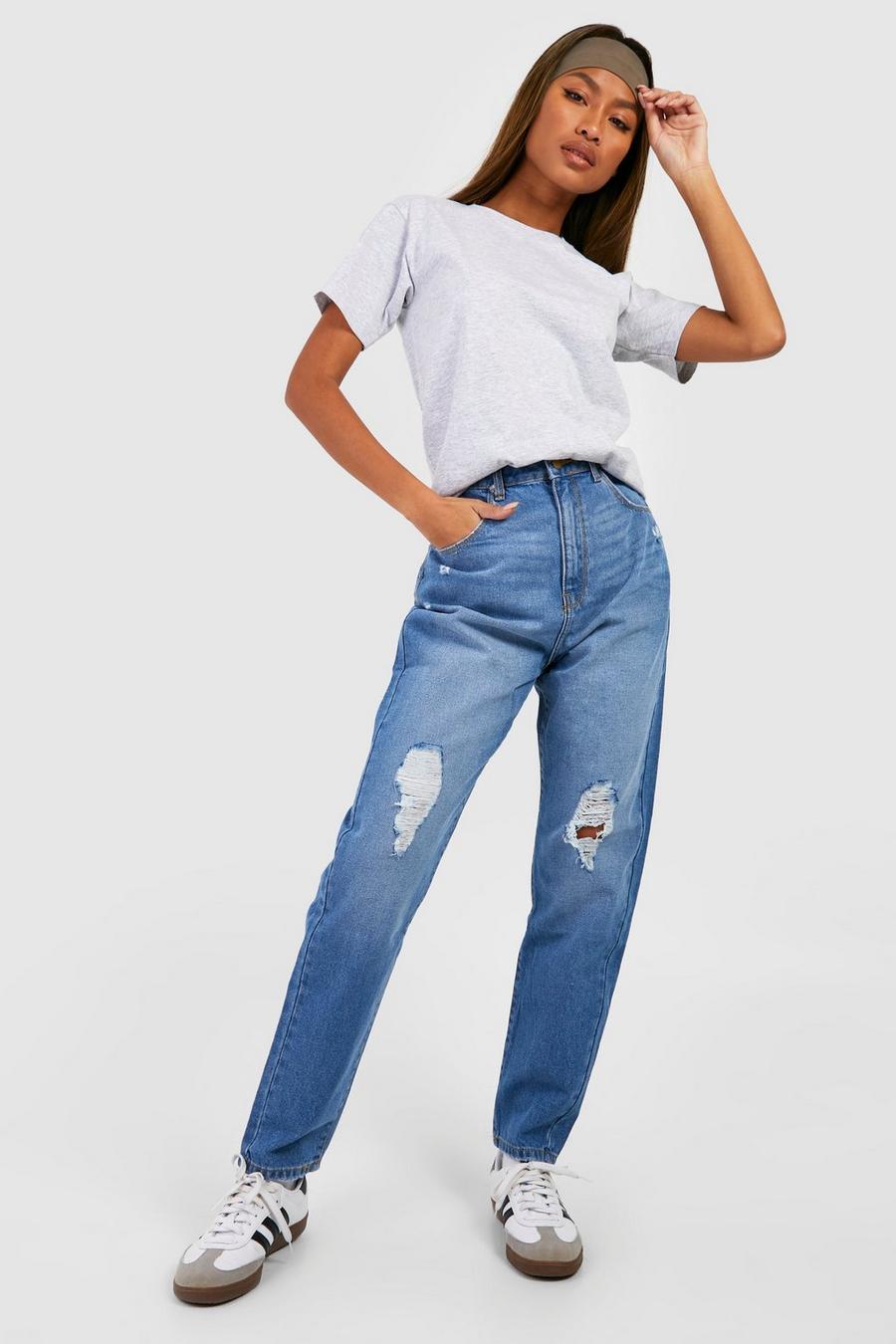 Mom-Jeans mit hohem Bund und Riss am Knie, Mid blue image number 1