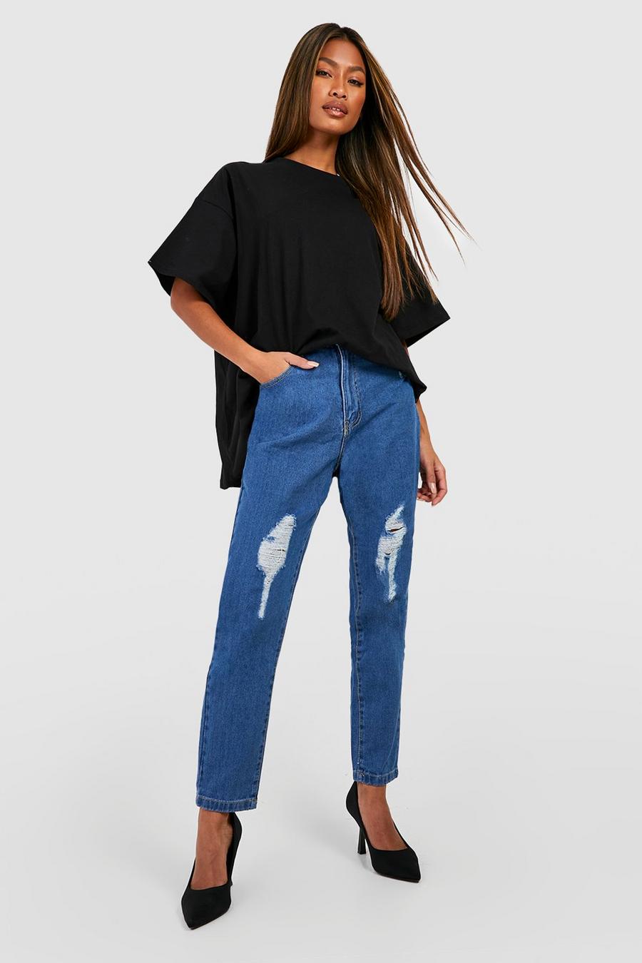 Mom-Jeans mit hohem Bund und Riss am Knie, Mid wash