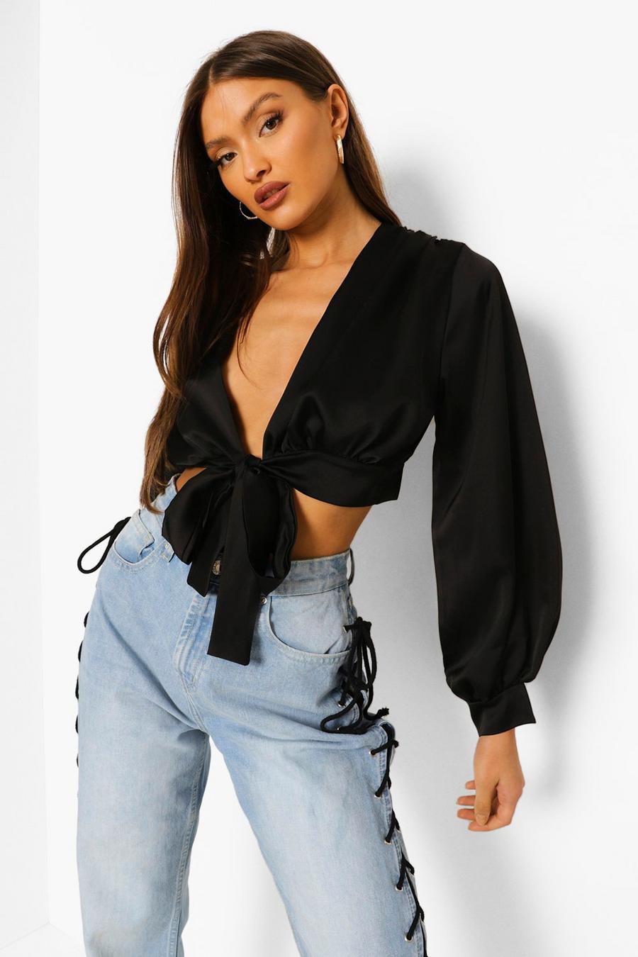 Black Satin Tie Front Balloon Sleeve Blouse image number 1