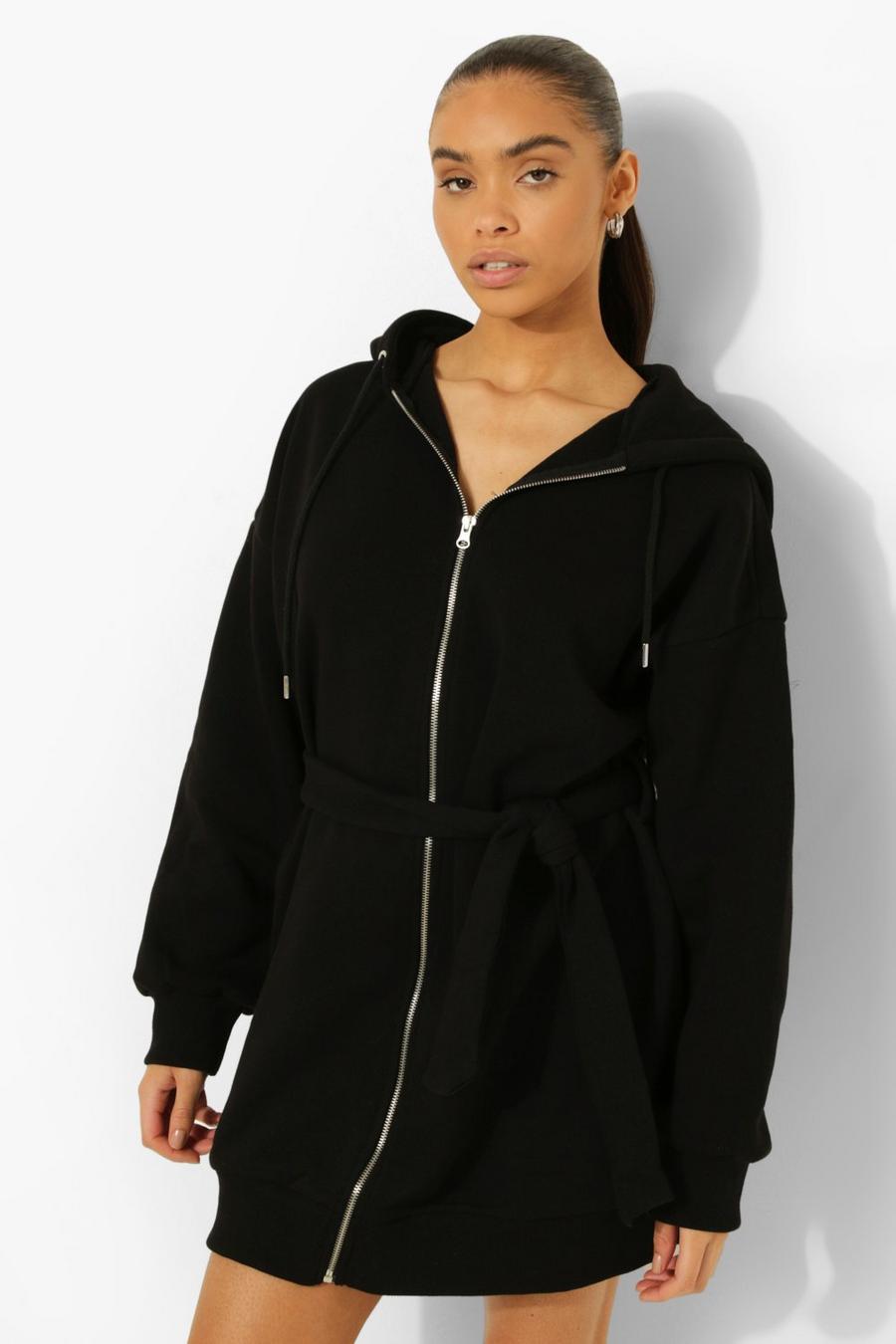 Black Oversized Zip Through Belted Hoodie Dress image number 1