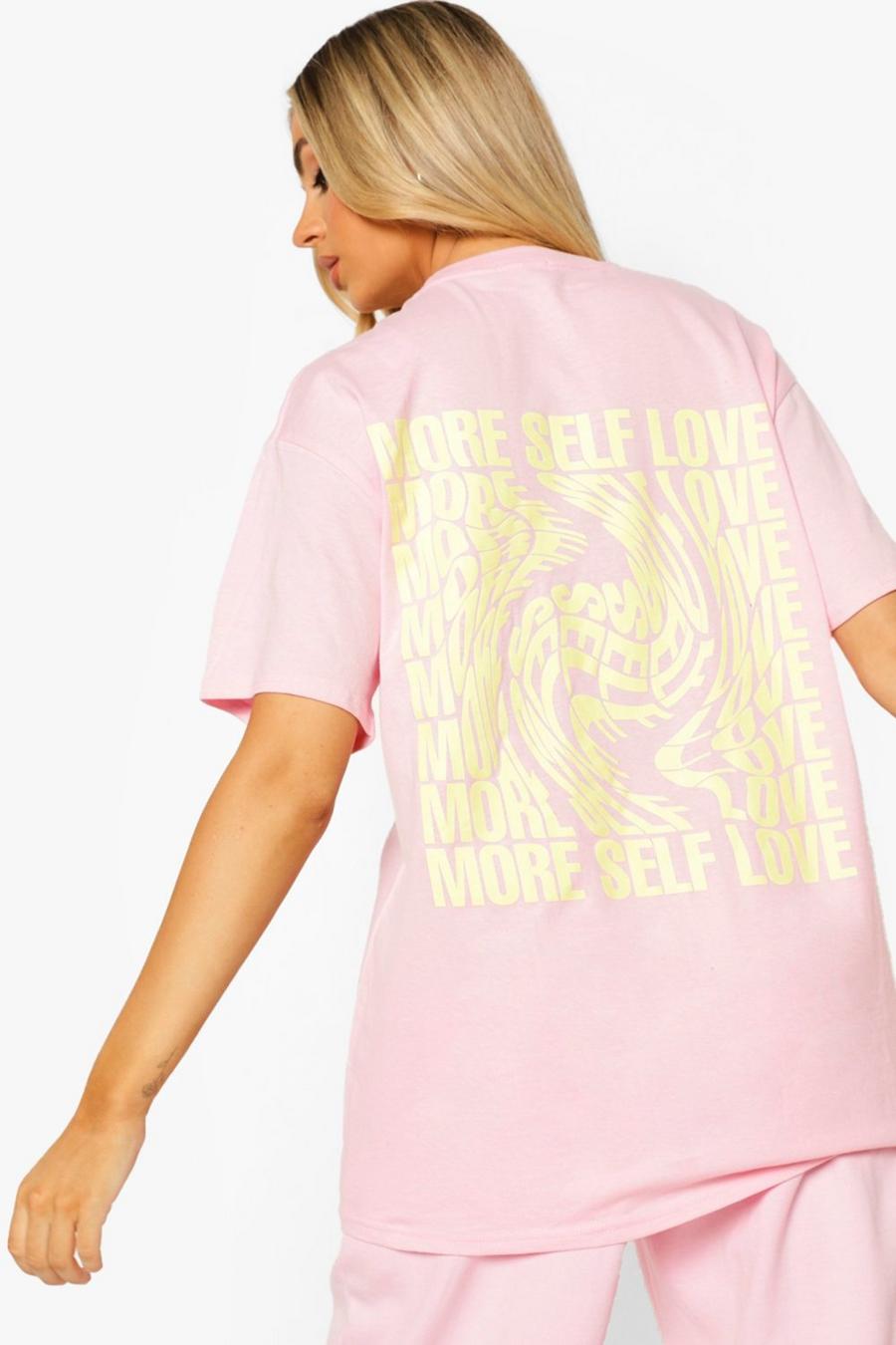 ורוד חיוור חולצת טישרט אוברסייז בהדפס Self Love בגב  image number 1
