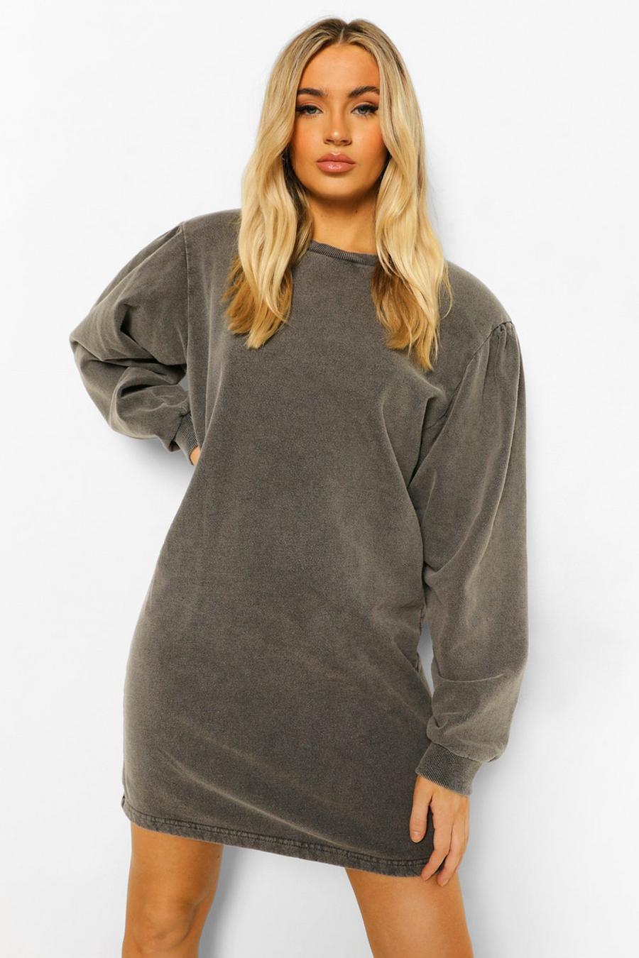 Charcoal Puff Sleeve Acid Wash Sweatshirt Dress image number 1