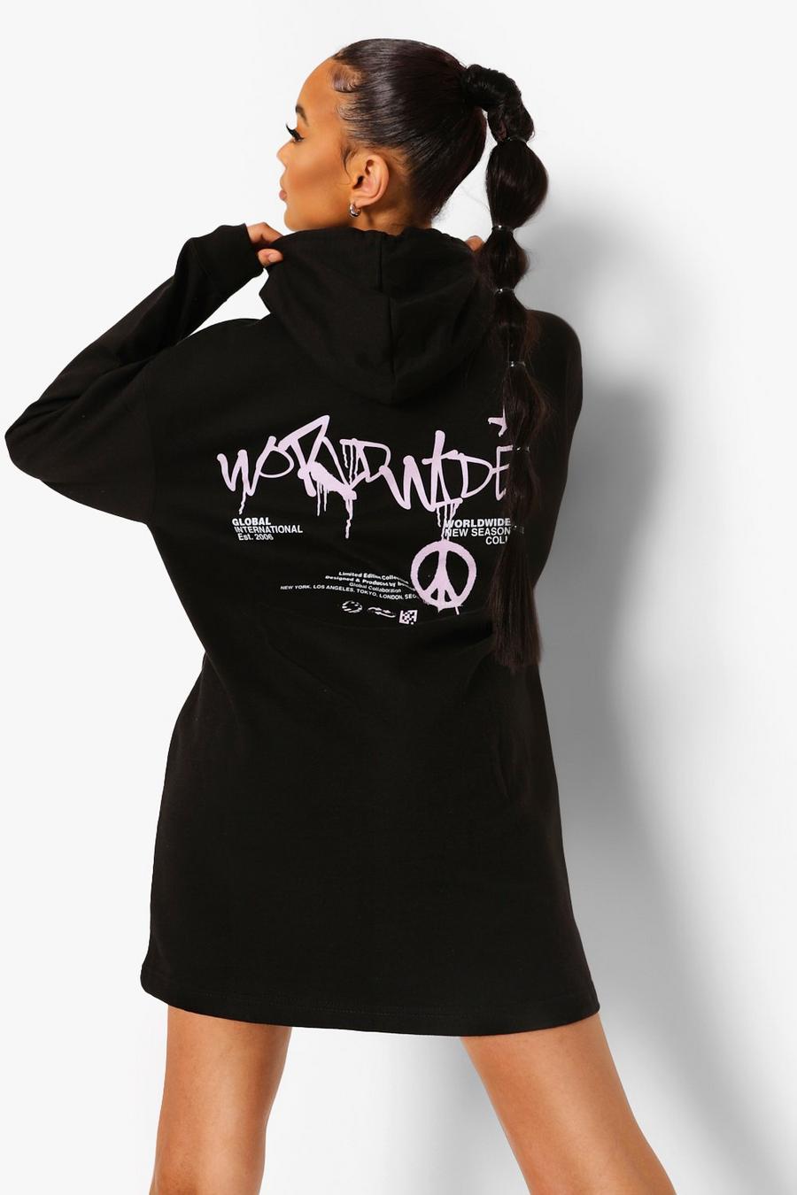 Hoodie-Kleid mit Graffiti-Print hinten, Schwarz image number 1