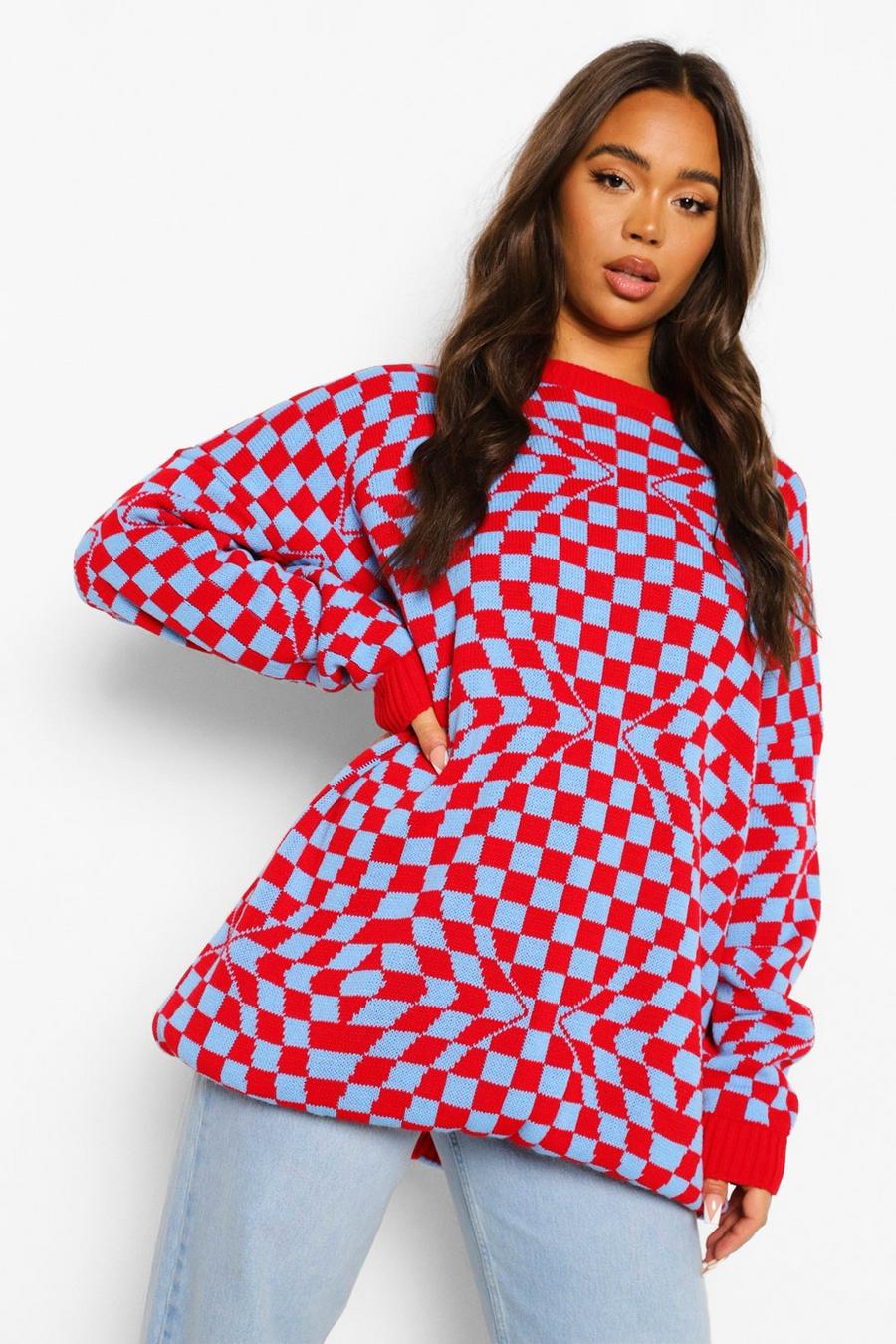 Red Holographic Check Oversized Knitted Jumper image number 1