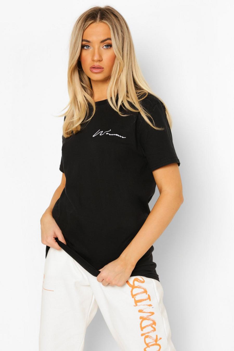 T-shirt oversize con scritta Woman ricamata, Nero image number 1