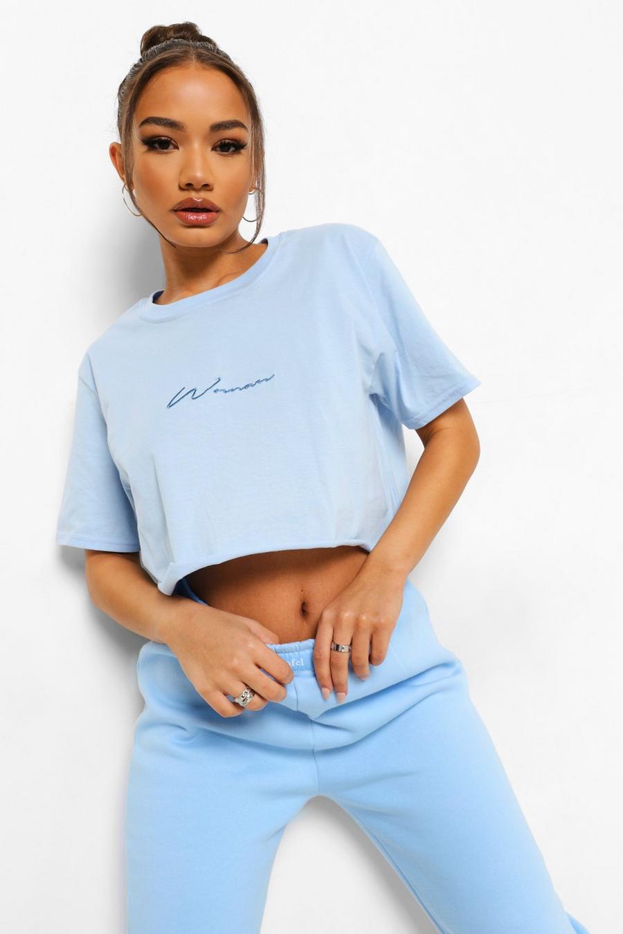Light blue Woman Embroidered Cropped T-shirt image number 1