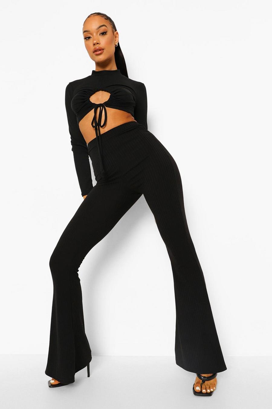 Black High Waisted Soft Rib Skinny Flared Trousers image number 1