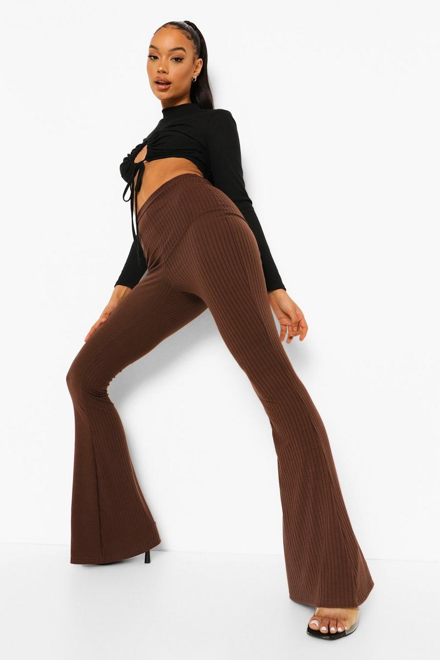 Chocolate High Waisted Soft Rib Skinny Flared Trousers image number 1