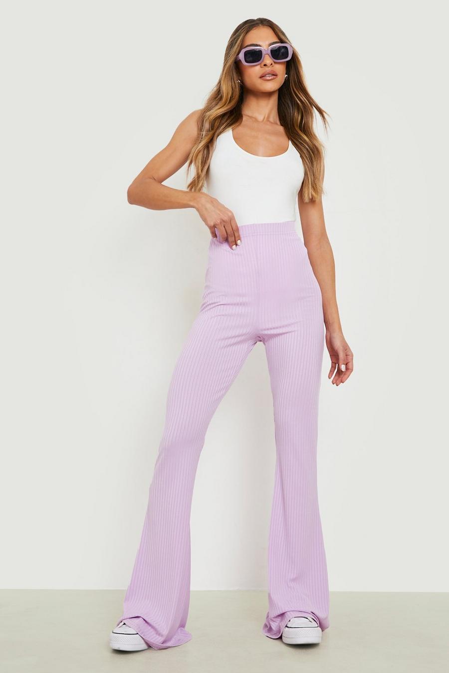 Lilac High Waisted Soft Rib Skinny Flared Pants image number 1