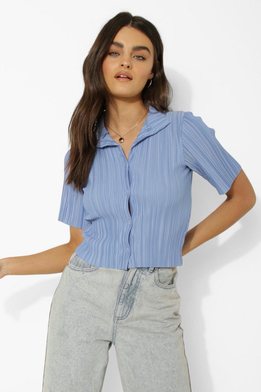 Blue Short Sleeve Plisse Crop Shirt image number 1