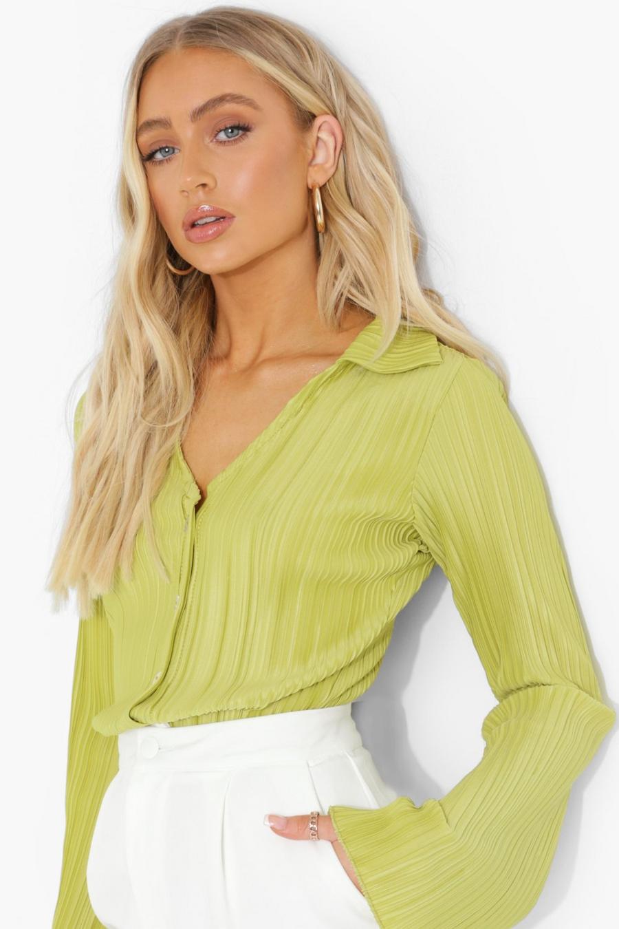 Green Plisse Bell Sleeve Shirt image number 1