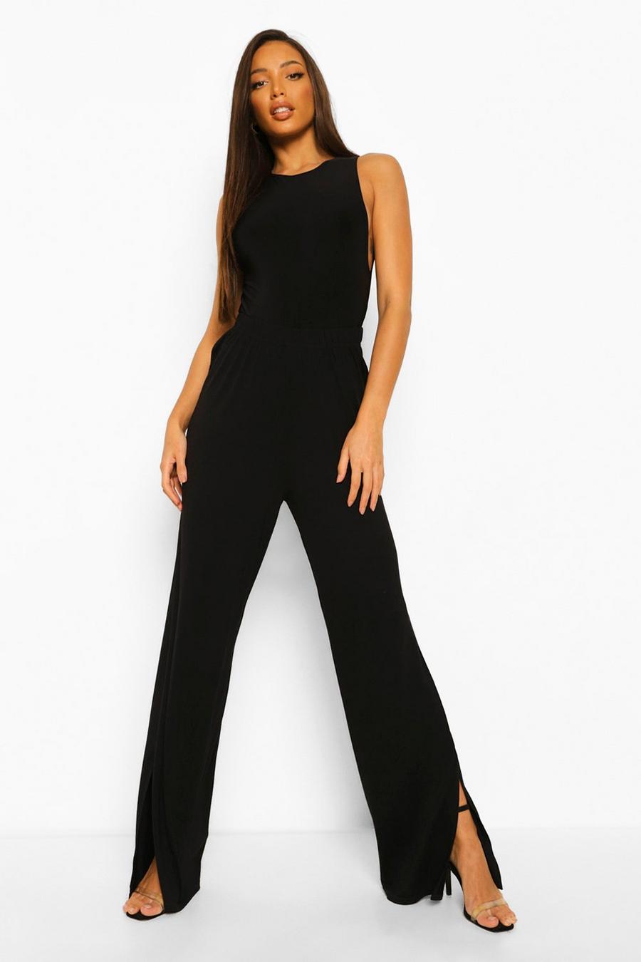 שחור מכנסי ג'רסי עם מכפלת שסועה ובגזרה רחבה, לנשים גבוהות image number 1