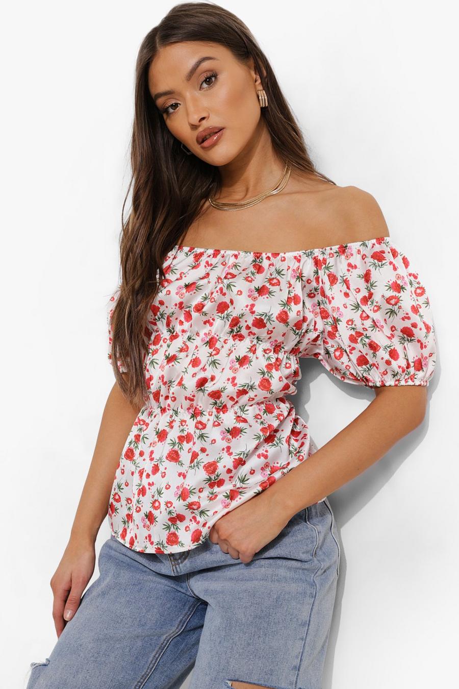 Red Off Shoulder Balloon Sleeve Top image number 1