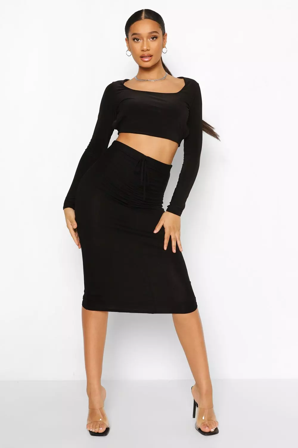 Black midi drawstring skirt hotsell