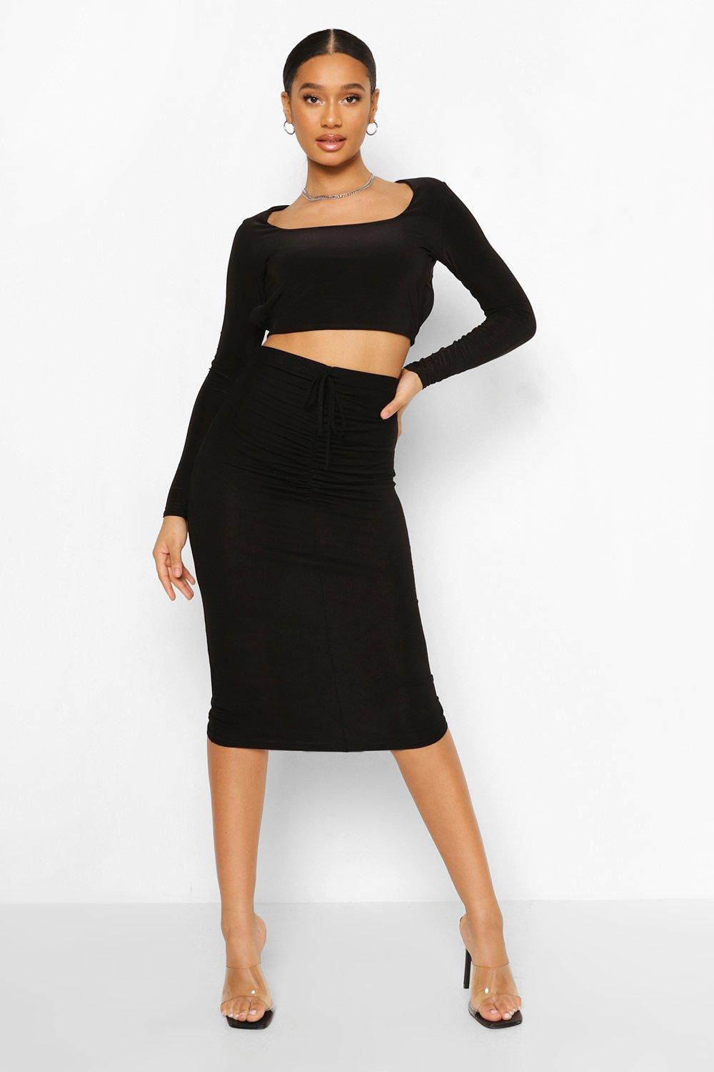 Black gathered shop midi skirt