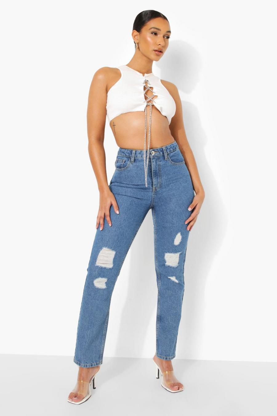 Mid blue Mid Rise Distressed Boyfriend Jeans image number 1