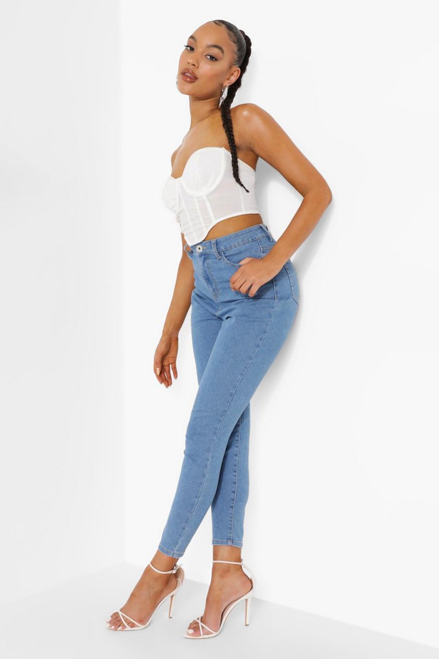 Mid blue Skinny jeans med hög midja image number 1