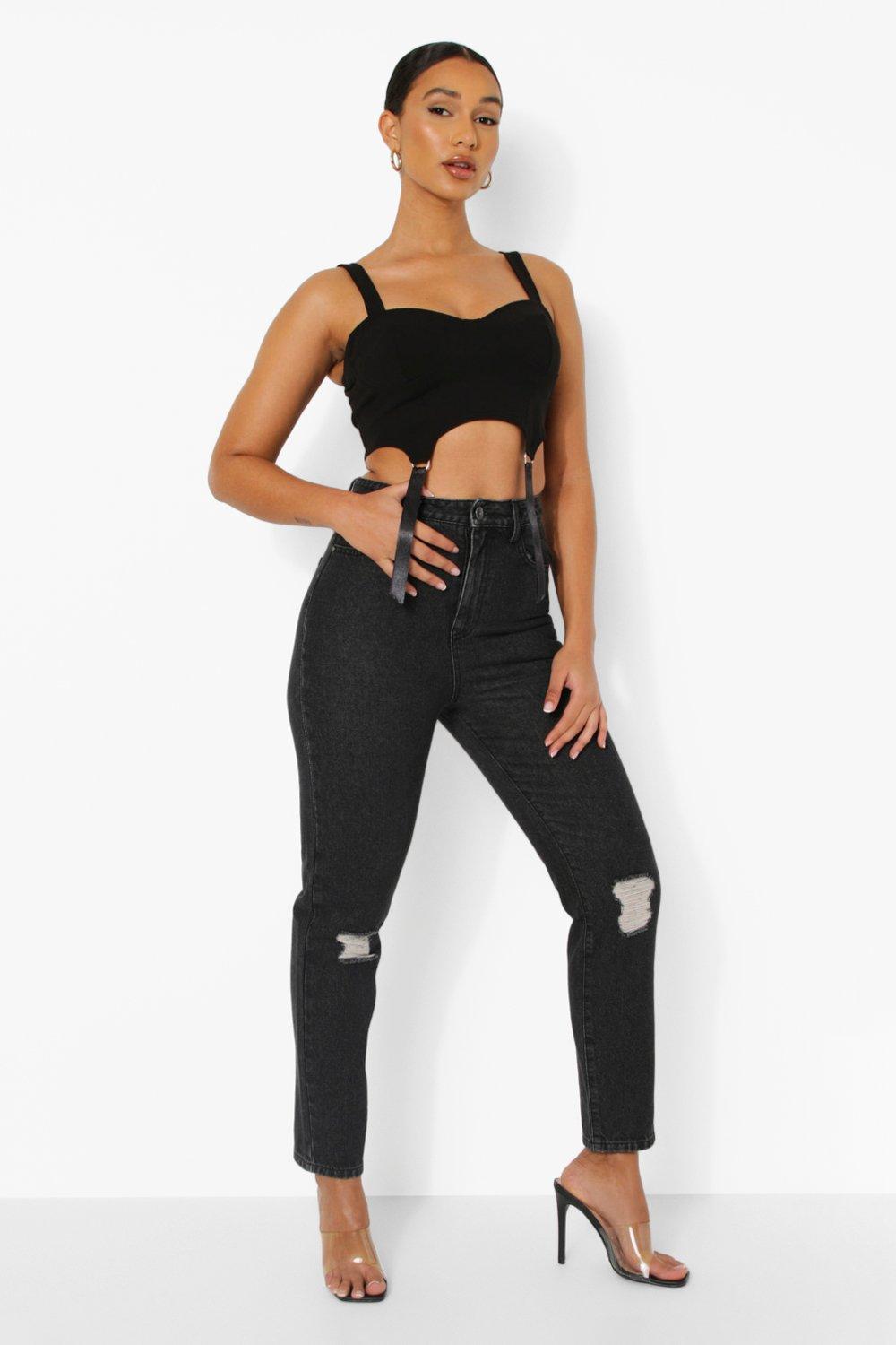 PLT Washed Black Ripped Mom Jeans