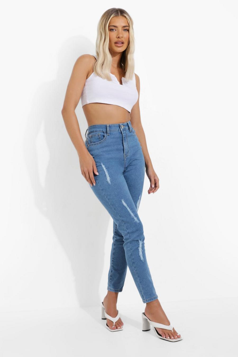 כחול ביניים ג'ינס סקיני high rise עם קרעים image number 1