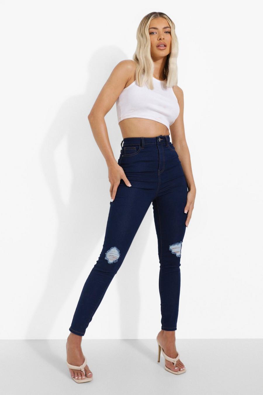 Zerrissene Skinny Jeans mit hohem Bund, Indigoblau image number 1