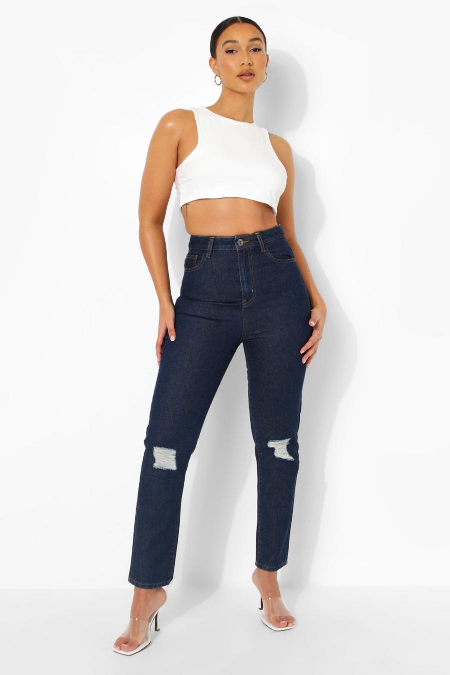 Indigo High Rise Distressed Mom Jeans image number 1