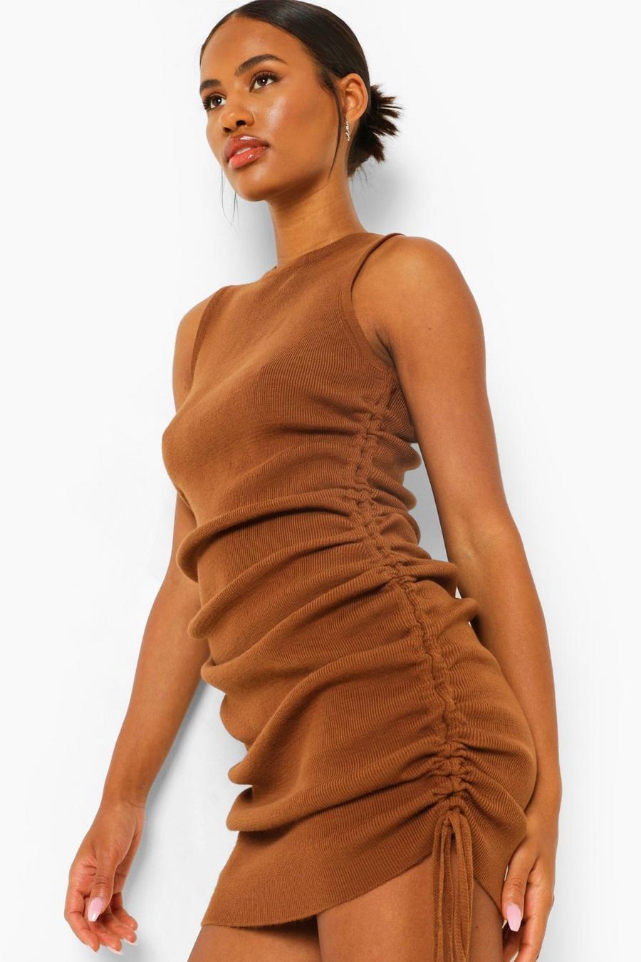 Chocolate brown Ruched Side Fine Knit Dress image number 1