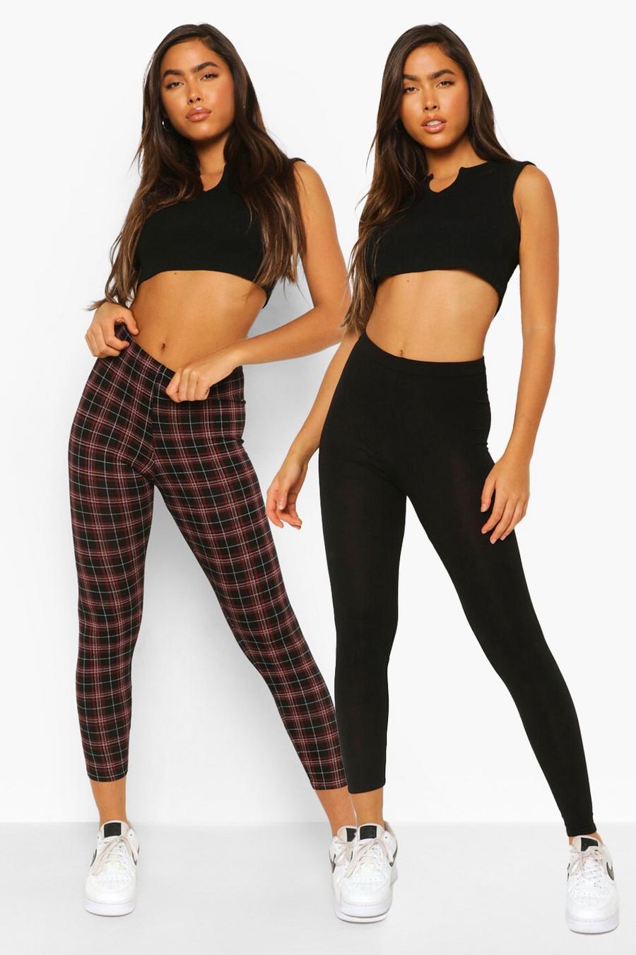 Black Two Pack Plaid Check And Basic Leggings image number 1