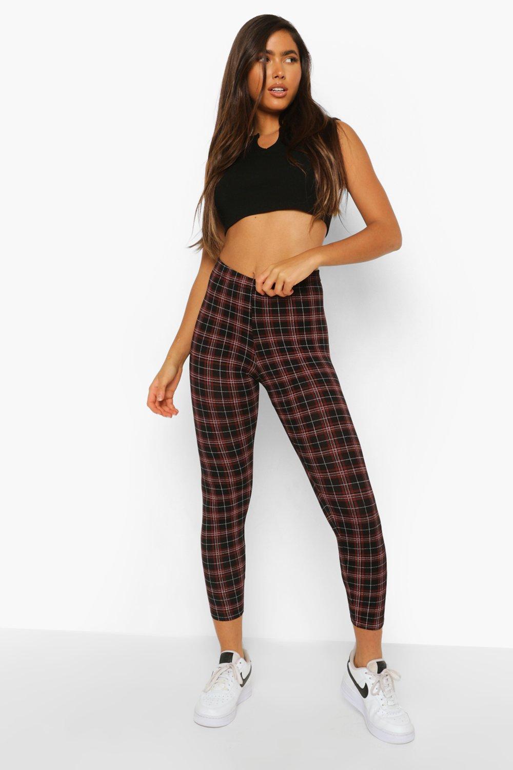 Women s Two Pack Tartan Check And Basic Leggings Boohoo UK
