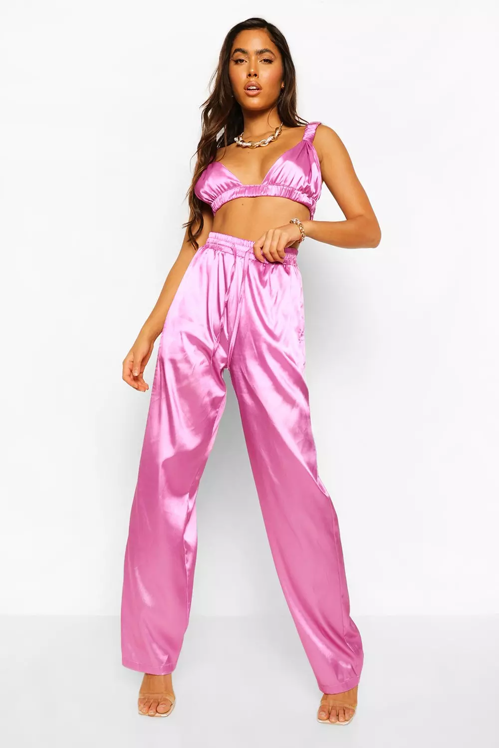 Pink satin clearance wide leg pants