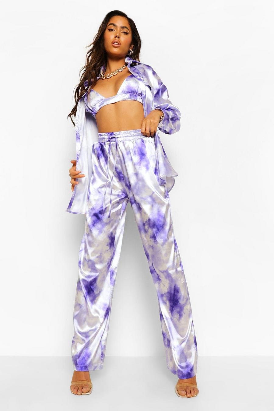 Lilac Tie Dye Satin Wide Leg Trousers image number 1
