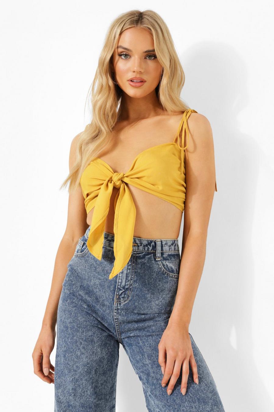 Yellow Tie Front Strap Detail Bralet image number 1