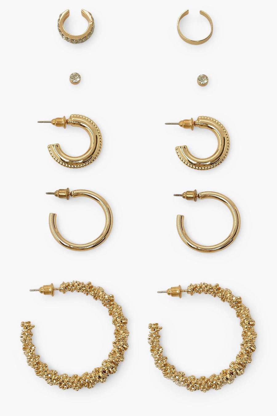 Gold Textured Mix Hoop Earing Pack With Cuffs image number 1