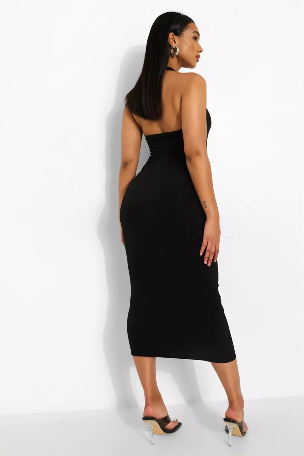 Plunge Scoop Halter Rib Midi Dress