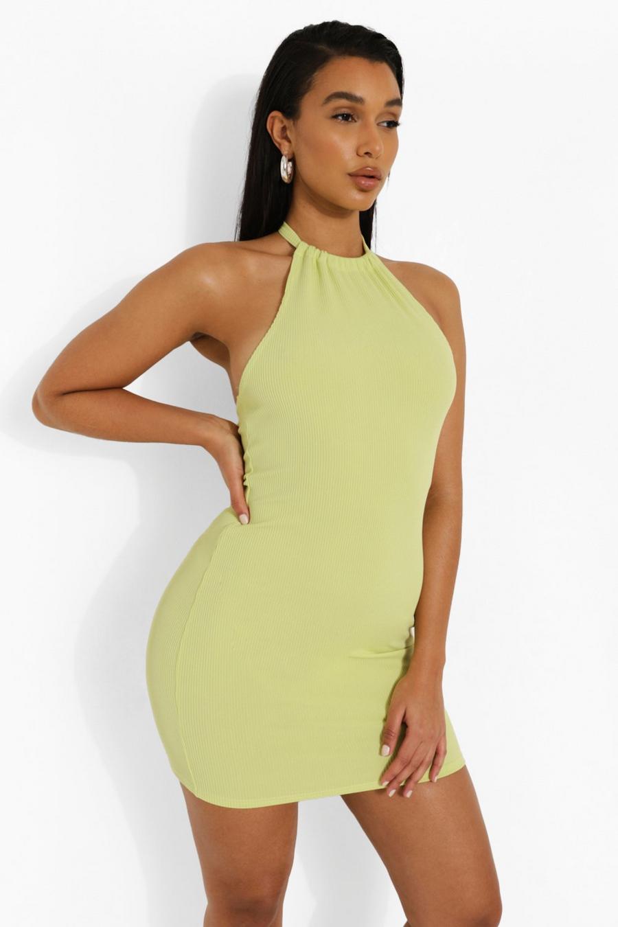Lime Halter Backless Bodycon Ribbed Dress image number 1