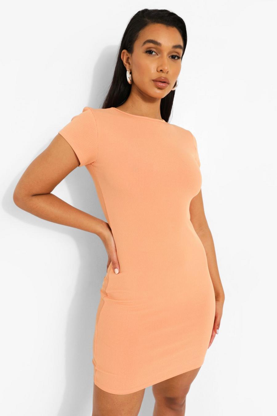 Geripptes Basic Rundhals Bodycon-Kleid, Orange image number 1