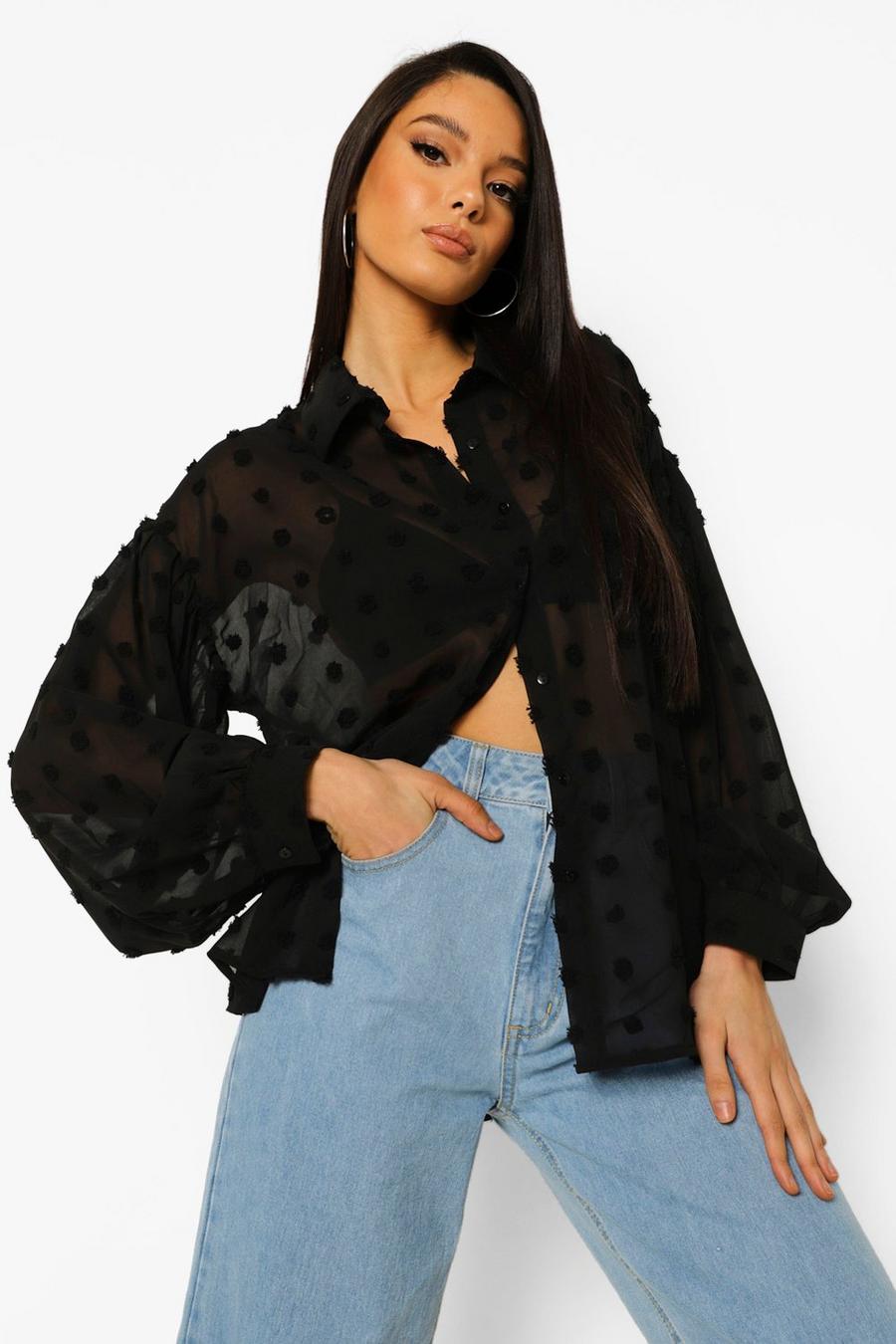 Black Dobby Spot Puff Sleeve Blouse image number 1