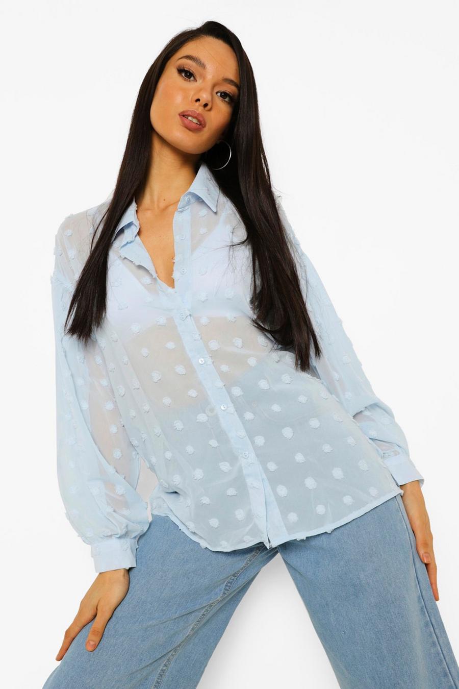 Powder blue Dobby Spot Puff Sleeve Blouse image number 1
