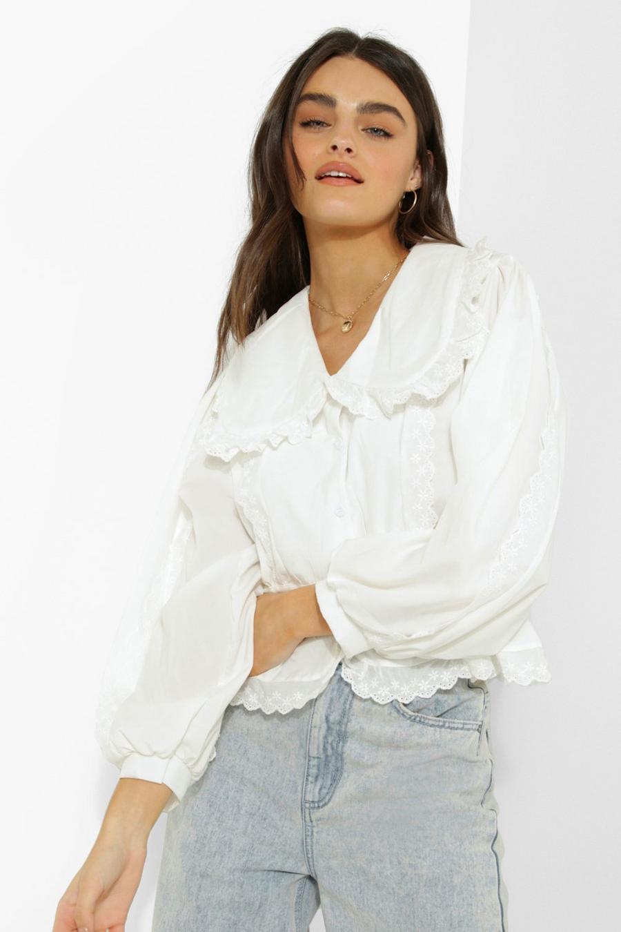 Ivory Ruffle Detail Lace Trim Blouse image number 1