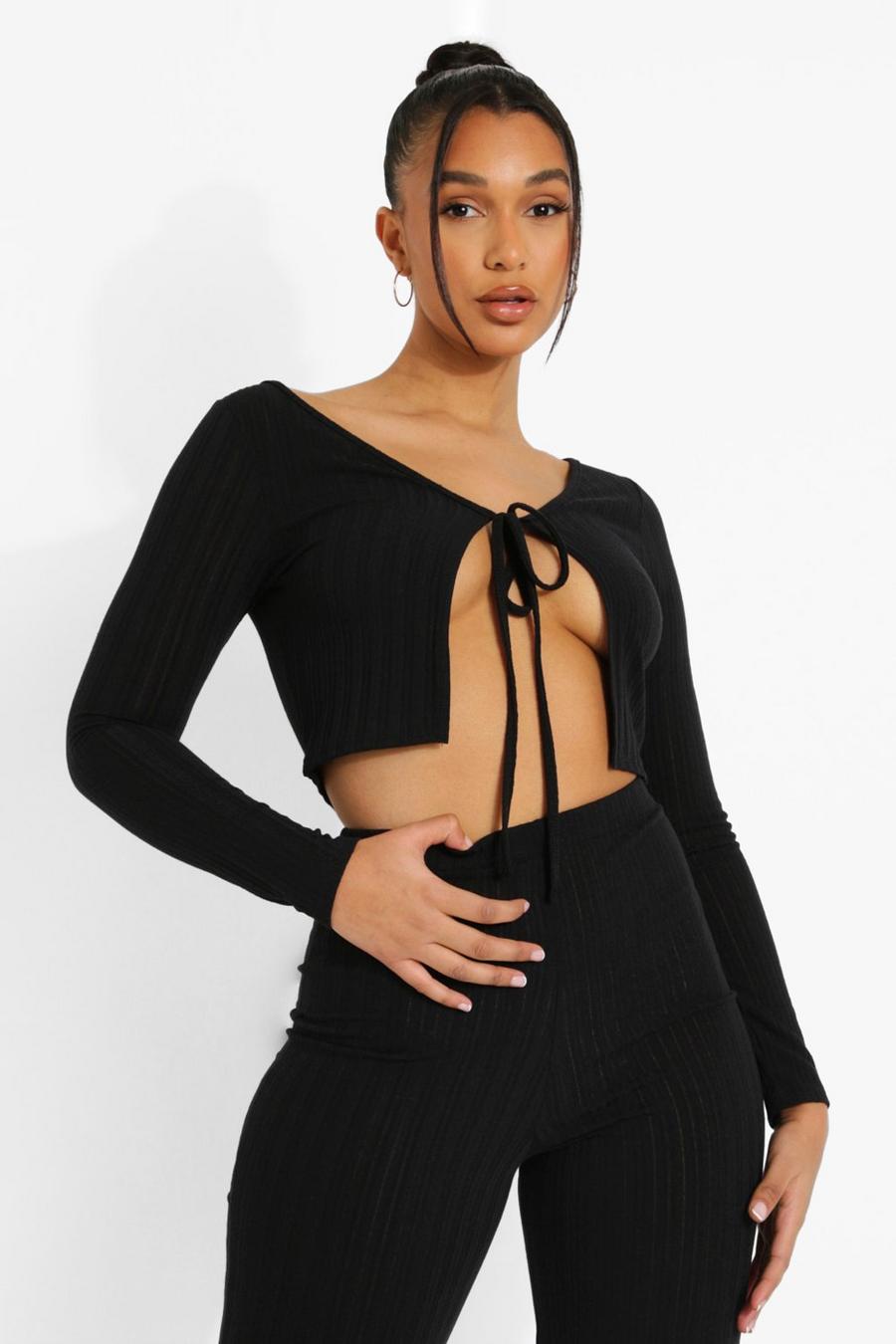 Black Ribbed Tie Front Cardigan And Wide Leg Trousers image number 1